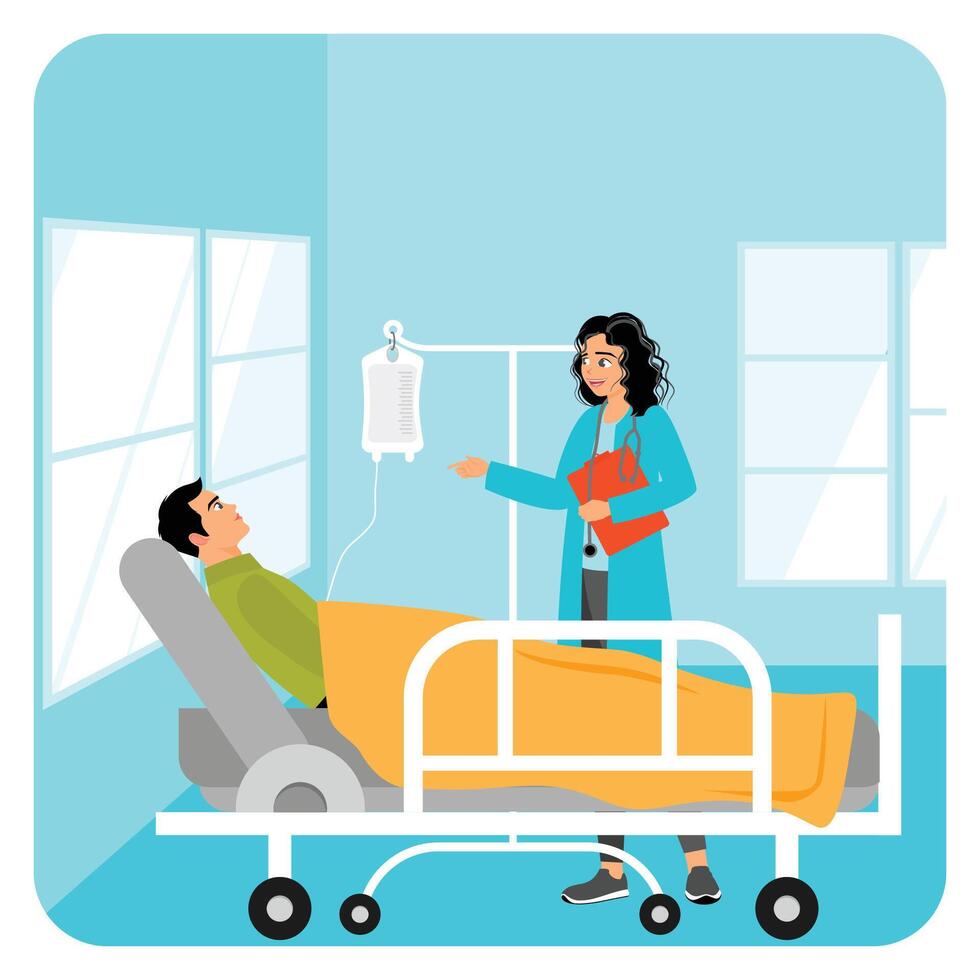 Doctor Visiting a Patient in a Hospital Room Offering Compassionate Care. vector