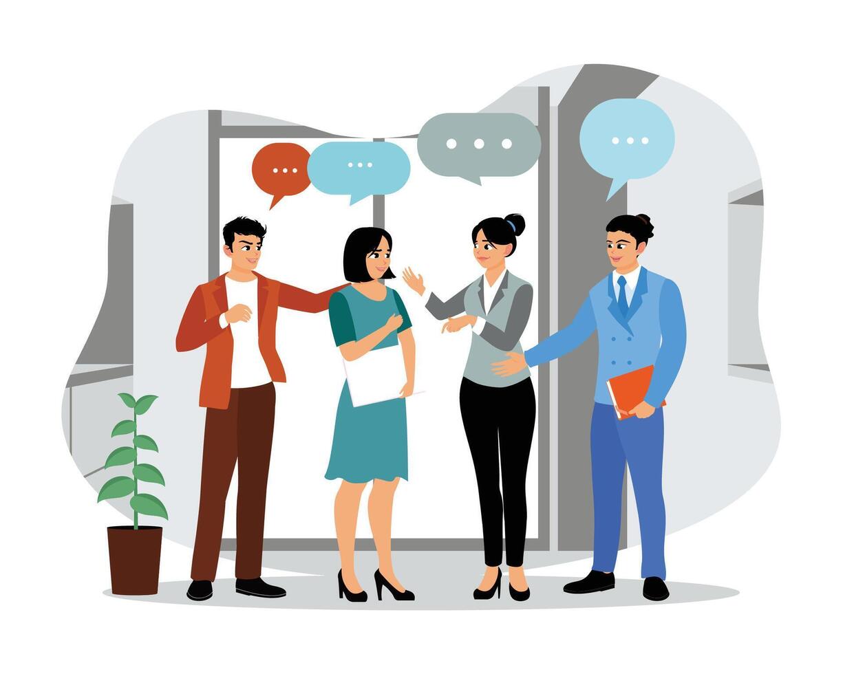 Colleagues engaged in a friendly discussion in a modern office setting. vector