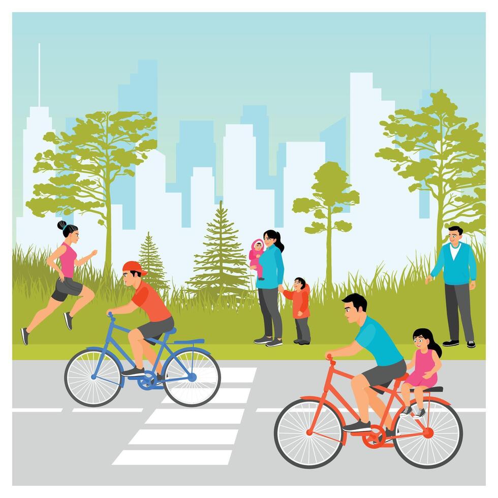 Outdoor Family Activities in a Urban Park Setting Featuring Biking and Running. vector