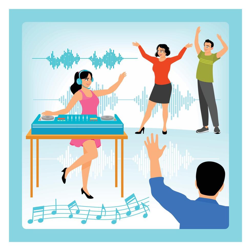 Party Scene with Female DJ and Dancing Crowd in Vibrant Atmosphere. vector