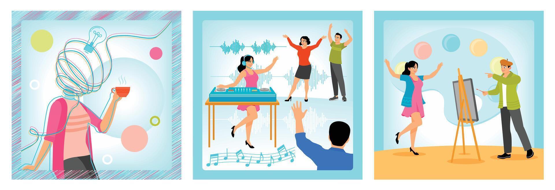 Creative Thoughts with Person Holding a Cup. Female DJ and Dancing Crowd. Artist Painting Female. vector