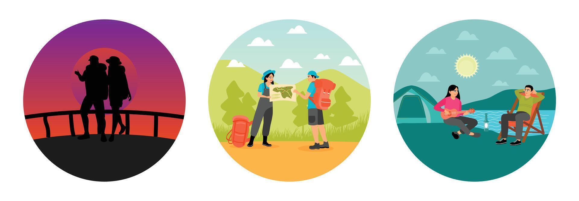 Silhouette of Couple on Journey Travel. Looks at a Map. Enjoying Music and Relaxation by Lakeside. vector