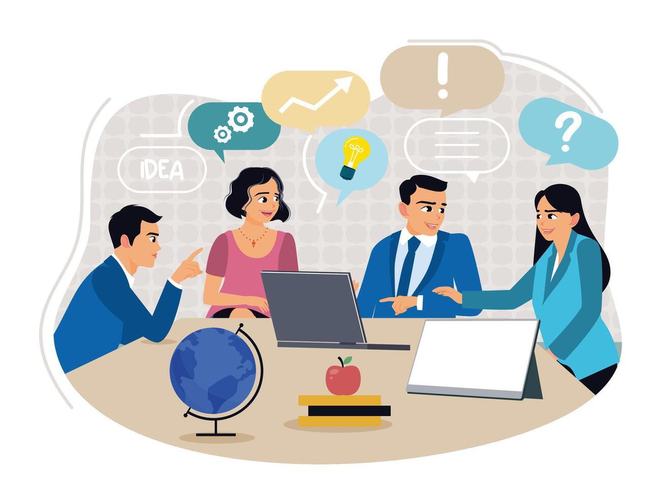Business team collaborating in a modern office with inspirational discussions. vector