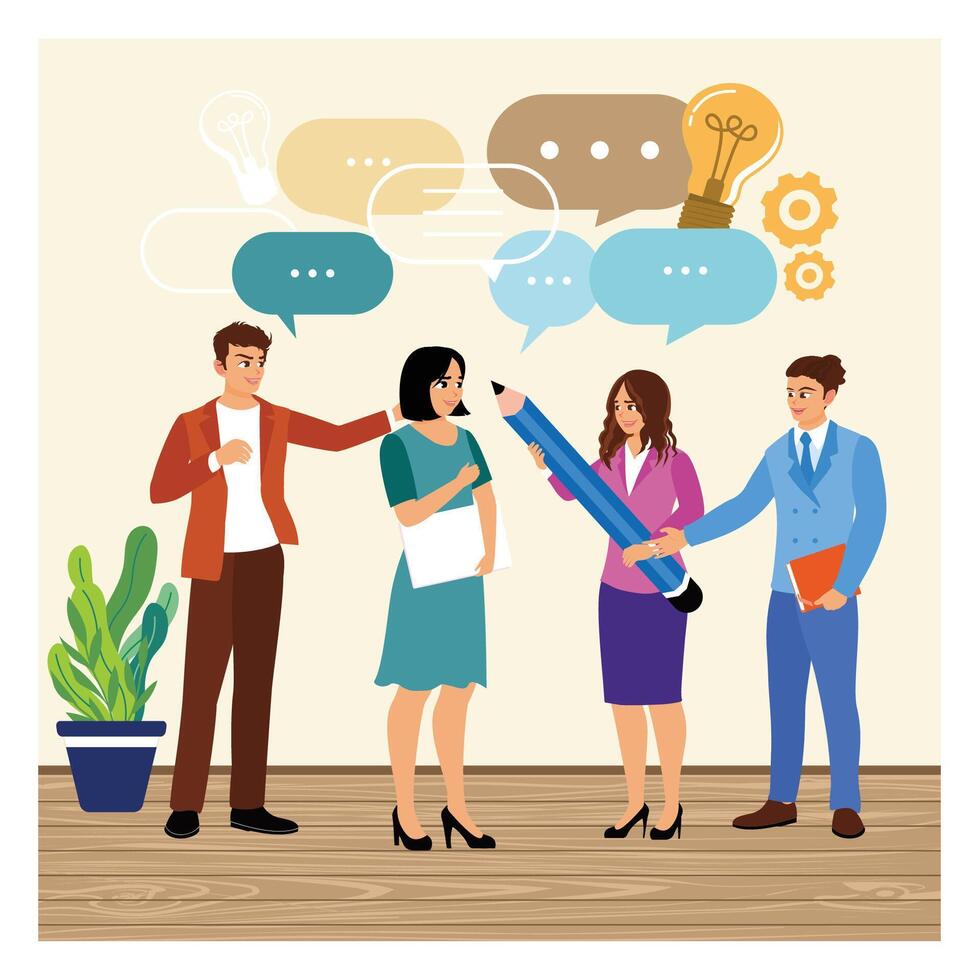 A group of workers communicate with speech bubbles. vector