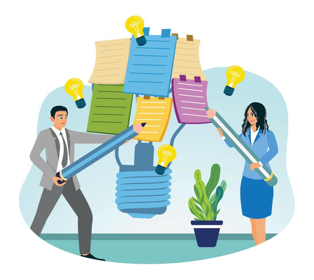 Business teams brainstorm with sticky notes. vector