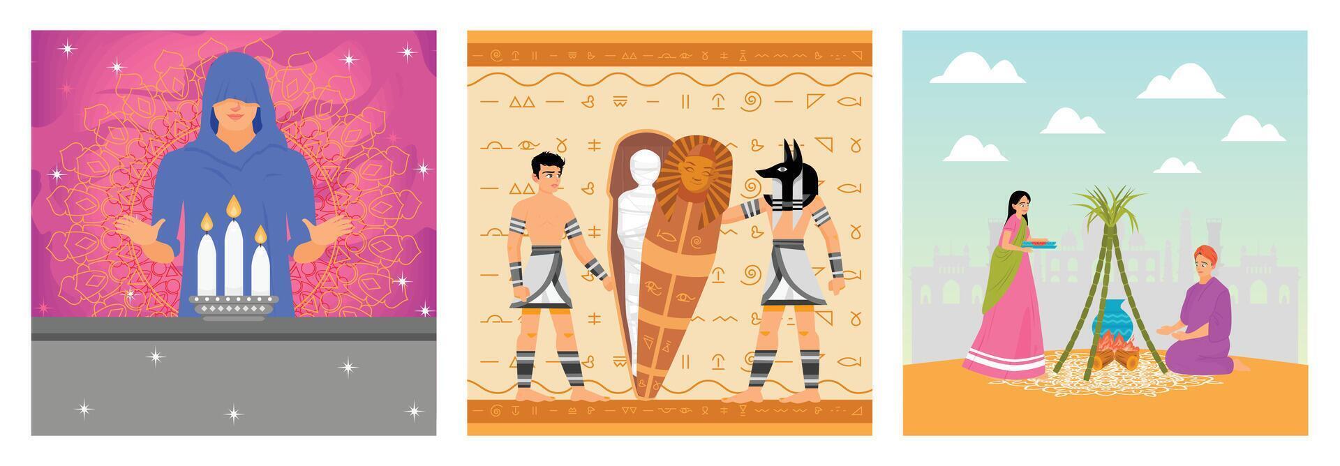 A hooded male monk stands near burning candles. Mummification Scene. Pongal Rituals. vector