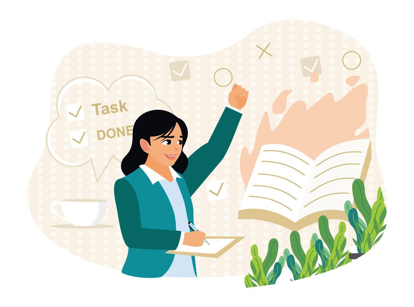 A businesswoman organizes and improves workflow by completing tasks. vector