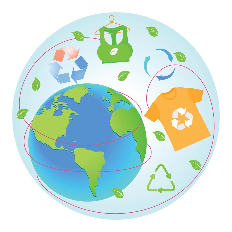 Circular Fashion with Globally Oriented Eco-Friendly Clothing and Recycling Symbols. vector