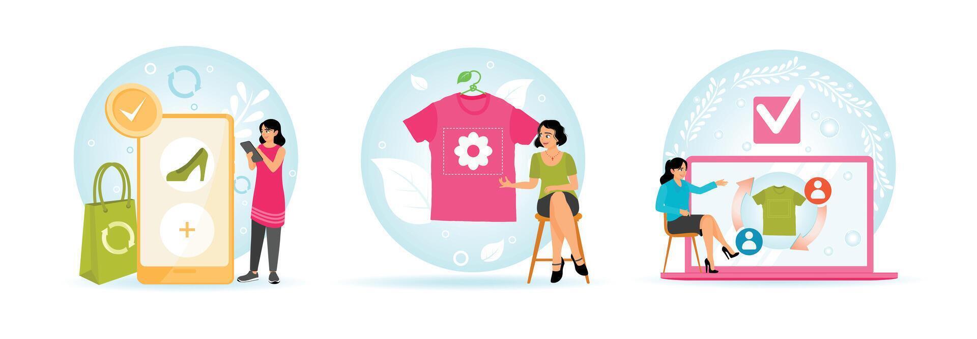 Buying Second Hand Shoes. Recycling Eco Friendly Clothes. Used Clothing Online on Digital Platforms. vector