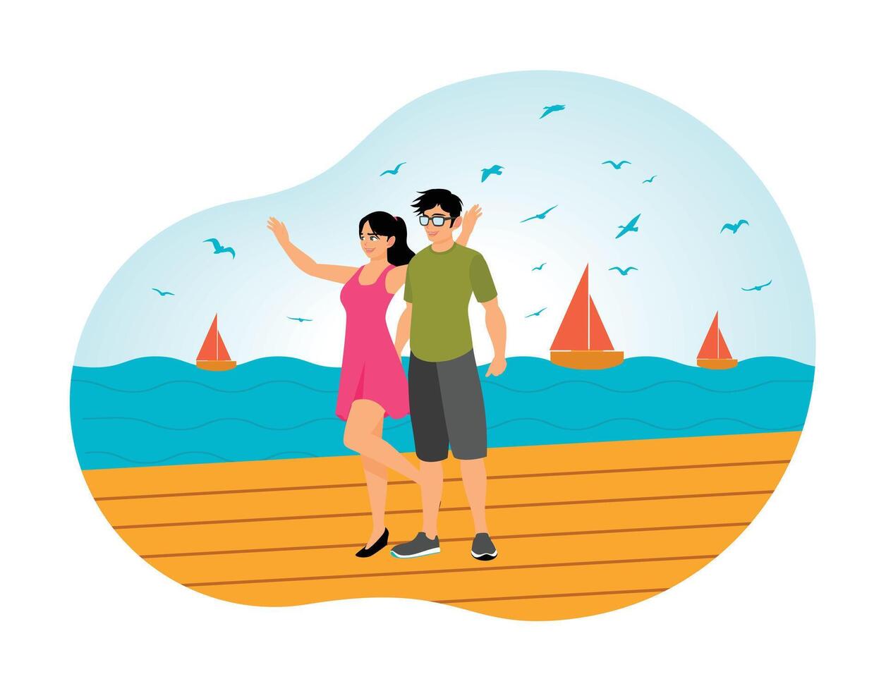Happy Couple Walking on Waterfront with Sailboats in the Background. vector