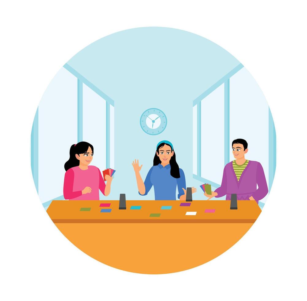 Three Friends Playing Card Games Together at Home. vector