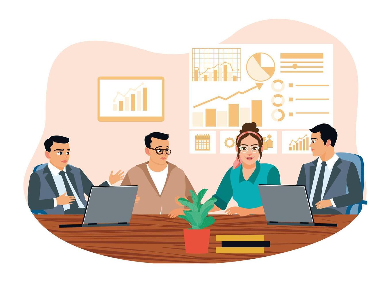 Collaborative business meeting with professionals discussing data and strategy. vector