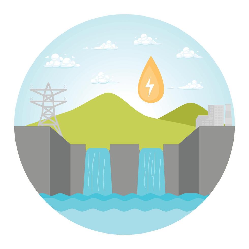 Hydroelectric Power Station Generating Renewable Energy with a Dam and Flowing Water. vector