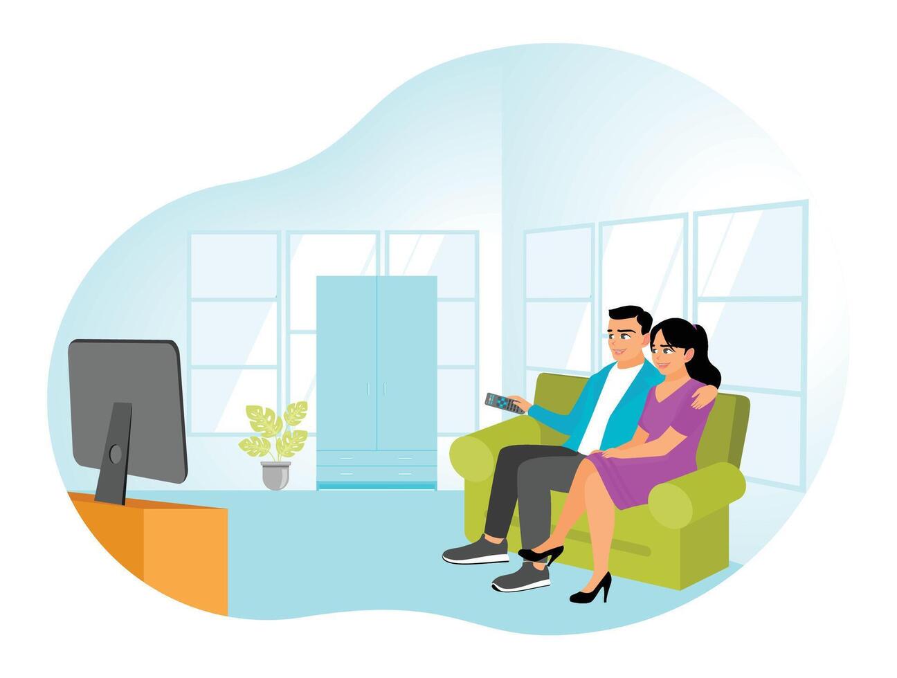 Romantic couple sitting on sofa and watching TV. vector