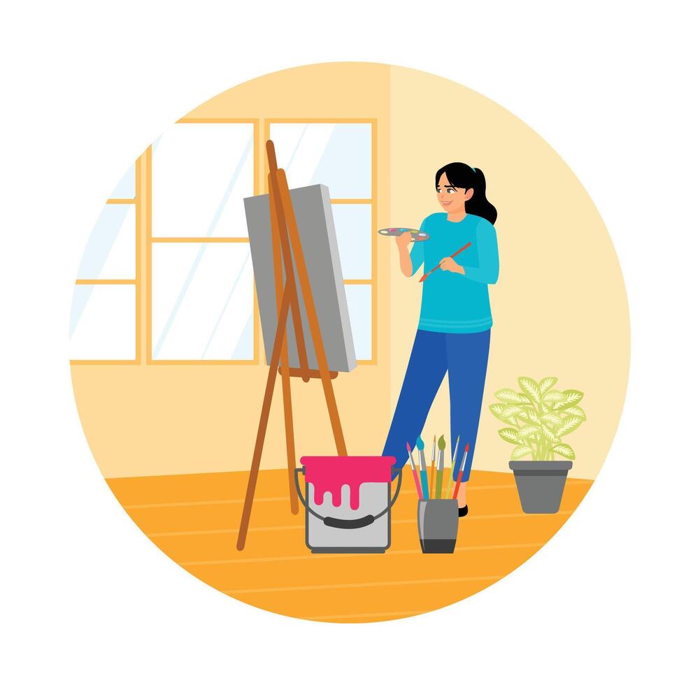 A Woman Enjoying Her Hobby, Painting on Canvas in Studio with Art Supplies. vector