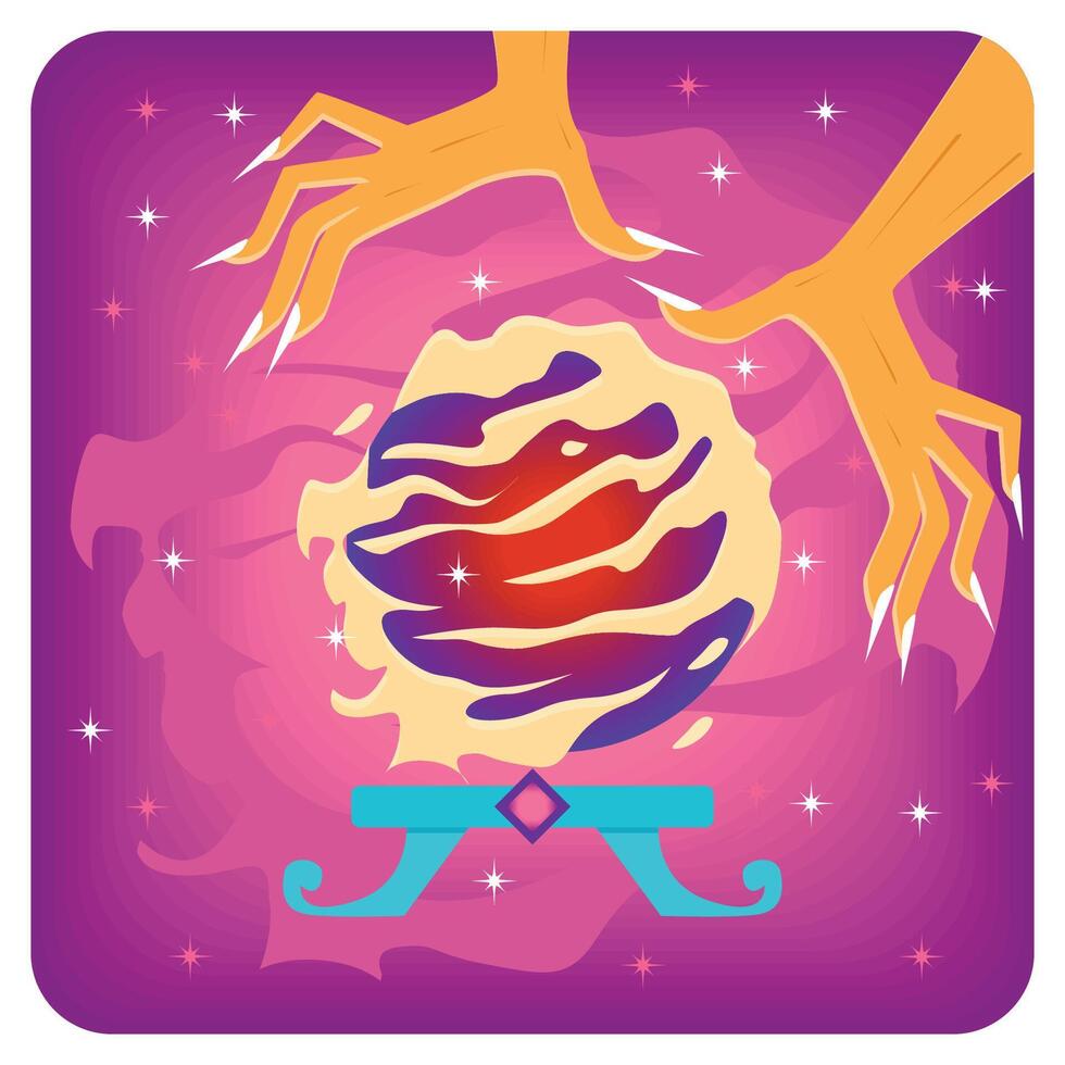 Witch Hands with Magic Ball on Purple Background. vector