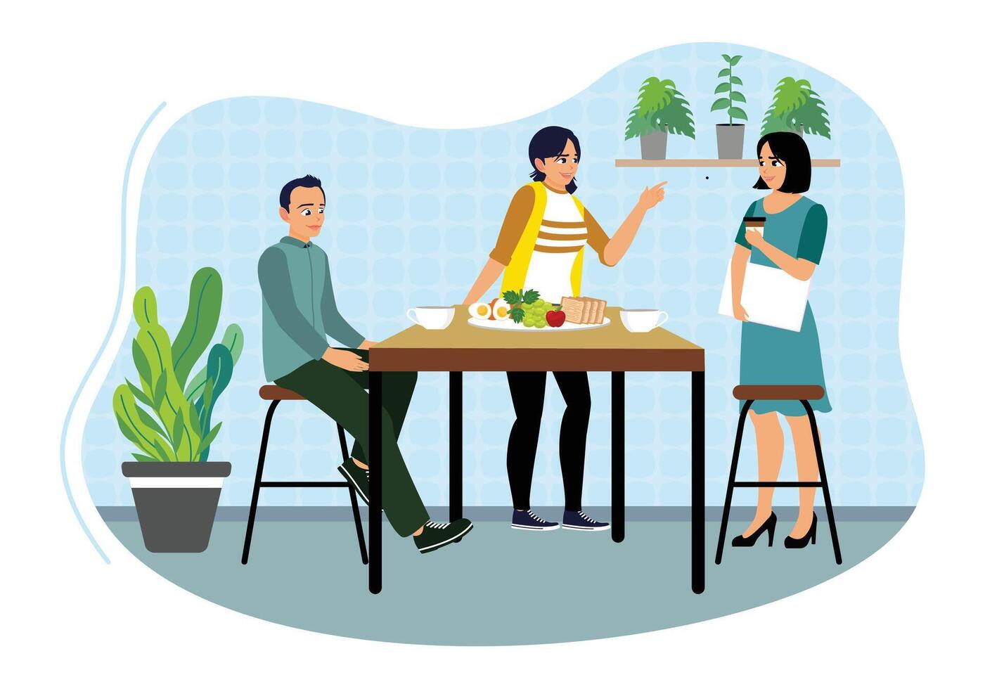Several coworkers enjoy lunch together in the cafeteria. vector