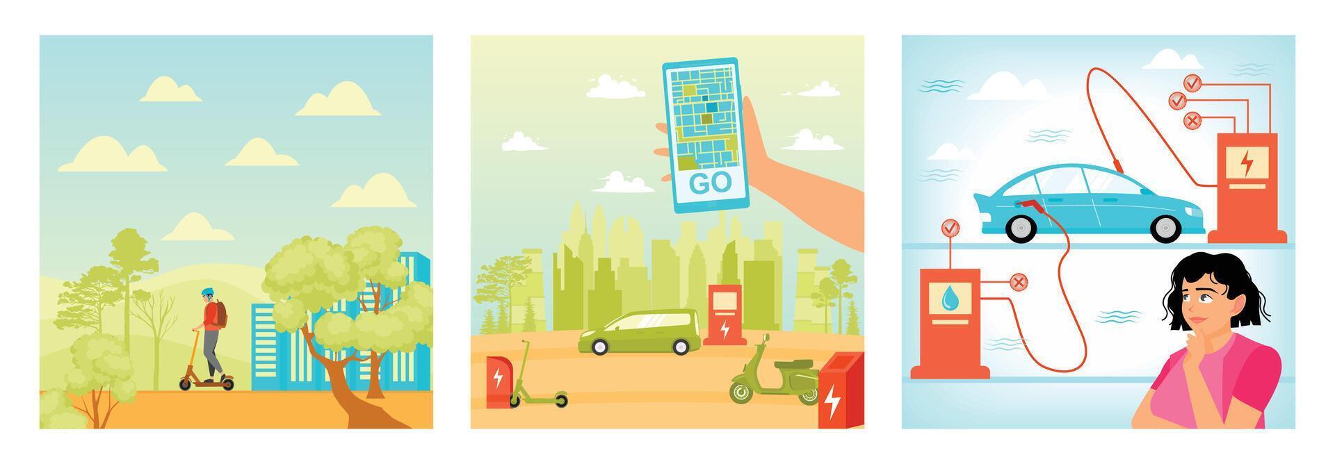 Riding Electric Scooter. Electric Vehicle and Navigation. Charging Car with Battery or Fuel. vector