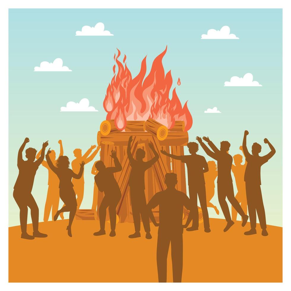 Silhouettes Gather Around a Bonfire Celebration Under a Clear Sky. vector