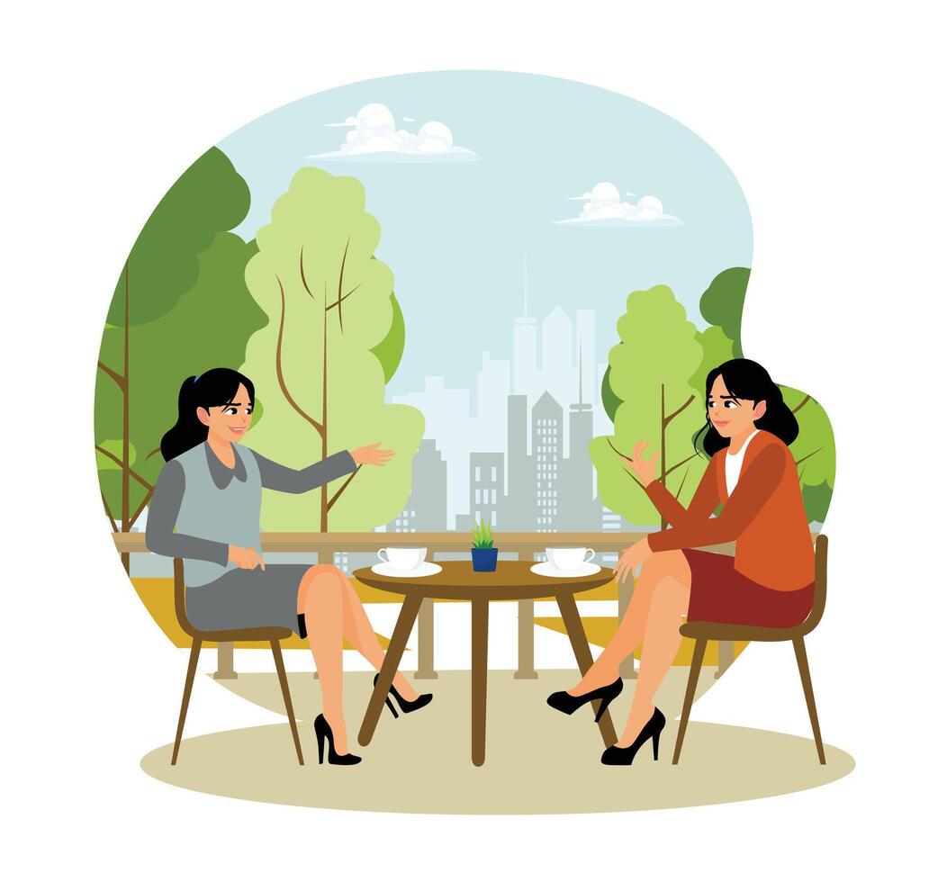 Female coworkers taking a break and drinking coffee together. vector