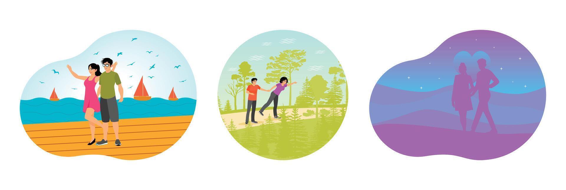 Happy Couple Walking on Waterfront. Man Follows Woman Happily. Abstract Silhouette of Couple. vector