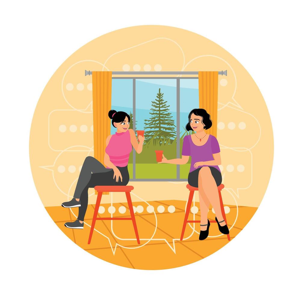 Happy Female Friends Rest in the Cafe and Talk About Something With Drinks. vector