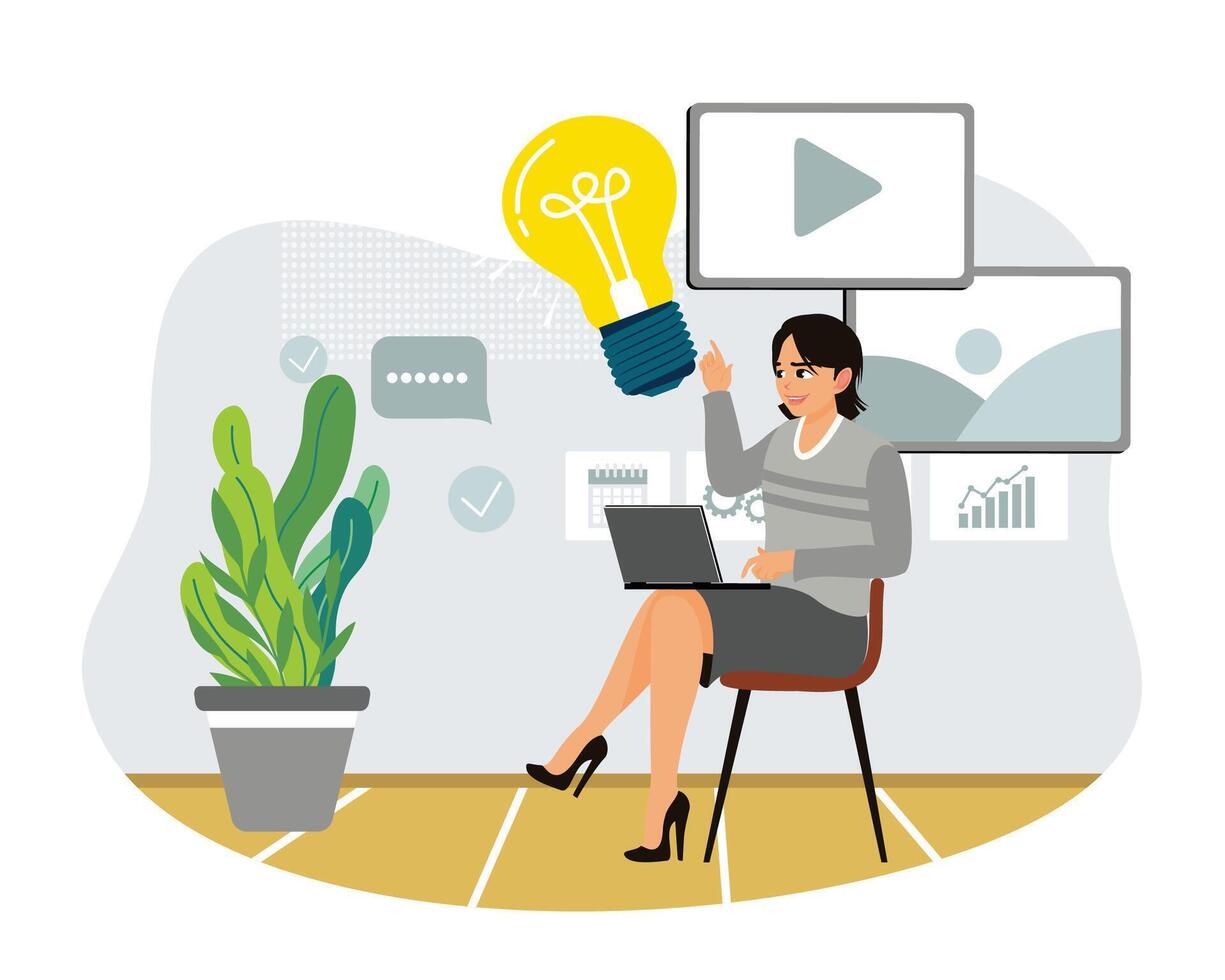 Woman brainstorming ideas on laptop in modern office setup. vector