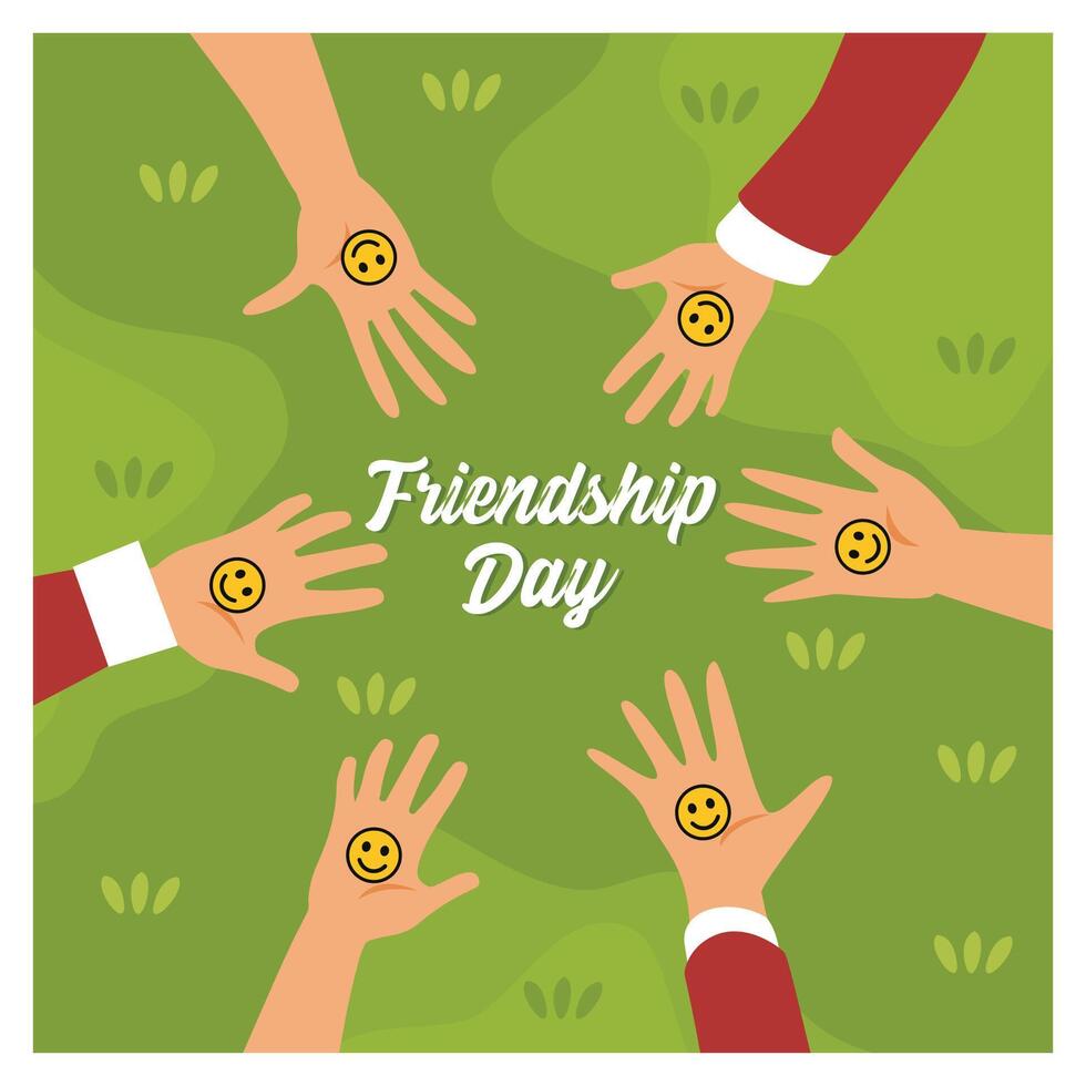 International Friends Day. View of Friends Hands are Turned Upwards, Smile are Painted on the Palms. vector