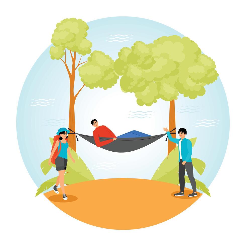 Outdoor Group Enjoying a Hammock in a Scenic Nature Setting. vector