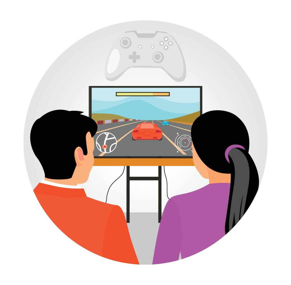 Two People Play Racing Game Together at Home, Too Close to TV Screen. vector