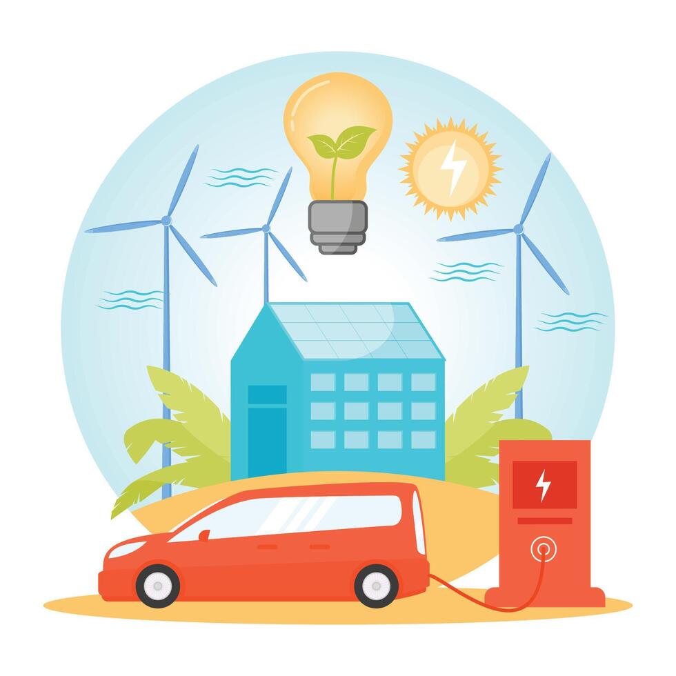 Renewable Energy Sources with Electric Vehicle Charging Station. vector