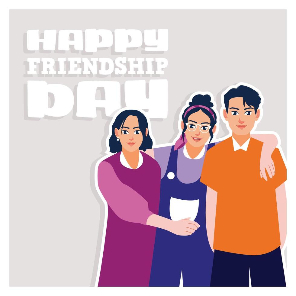 Happy Friendship Day Greeting Card with Three Friends Hugging Each Other. vector