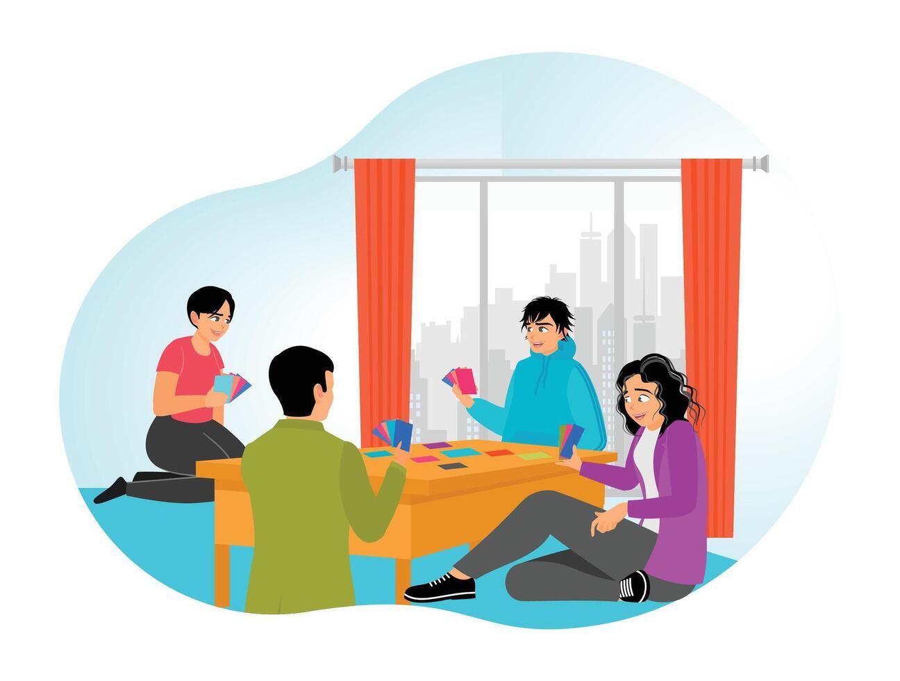 A Group of People Playing Card Games in a Cozy Living Room. vector