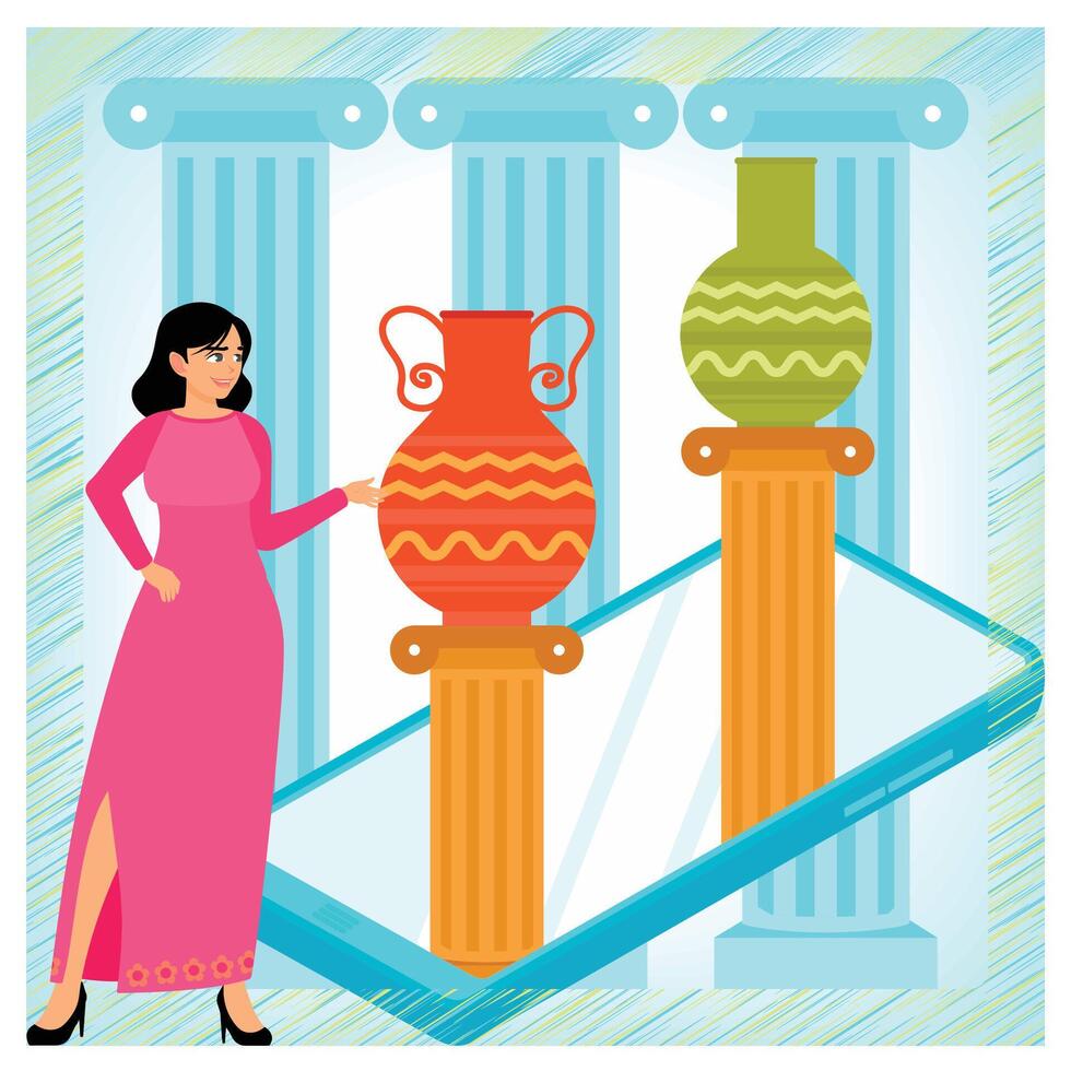 Female Visiting Interactive Art Online Museum Exposition in App on Device. vector