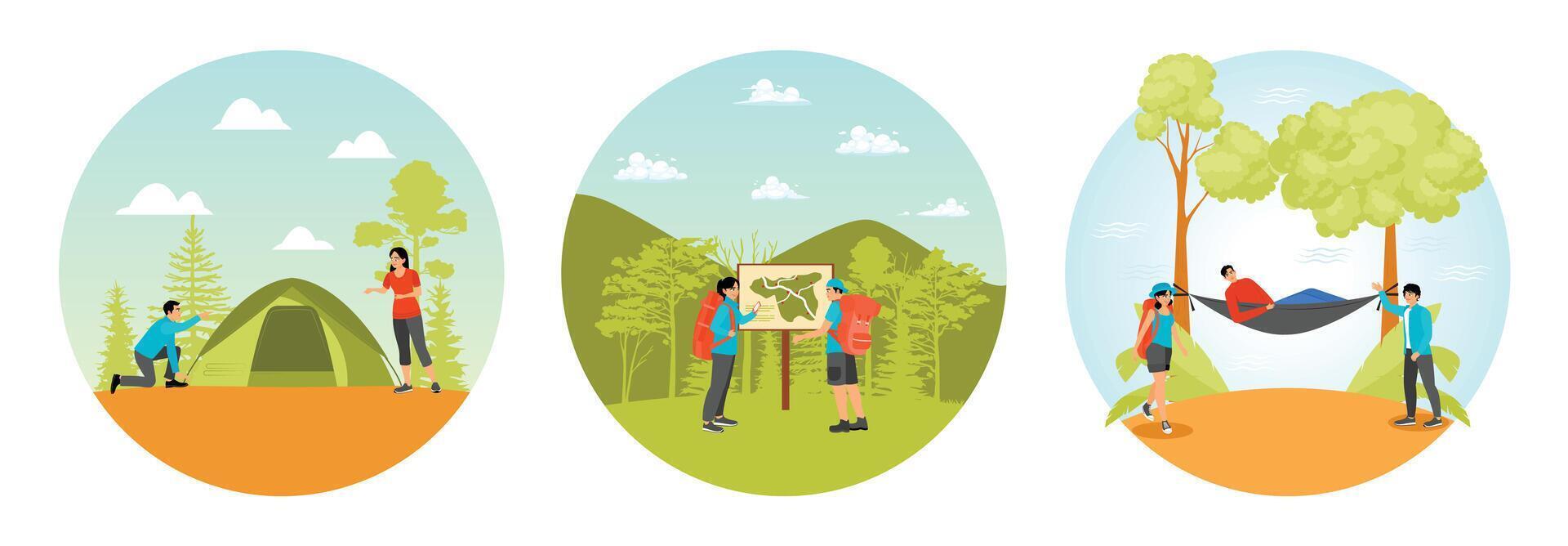Couple Setting Up a Tent. Checking Hiking Route Map. Enjoying a Hammock. vector