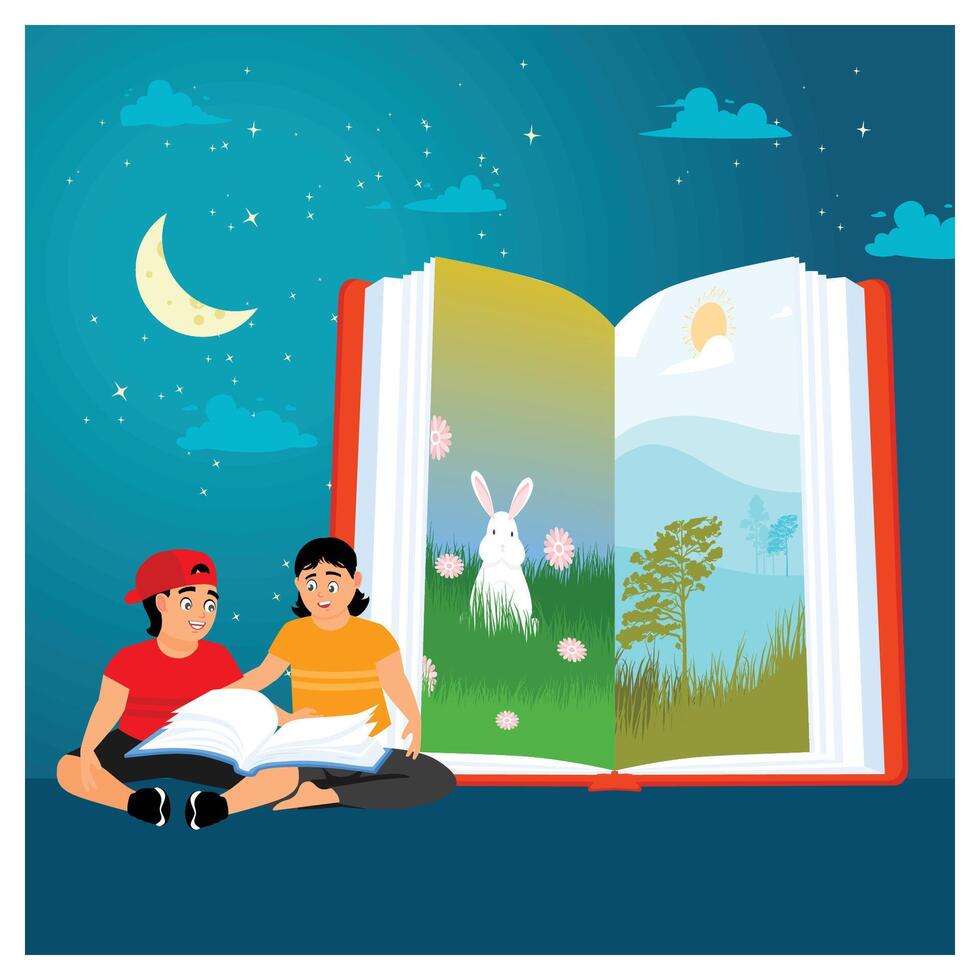 Children Reading a Fantasy Book with Magical Imagery at Midnight. vector