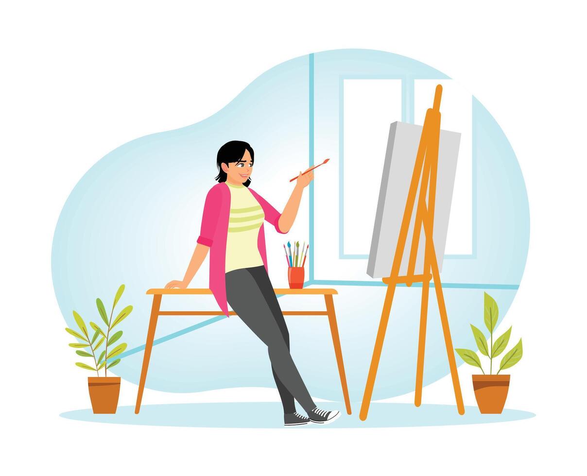 Female Artist Painting on Canvas at Home With Easel and Creative Supplies. vector
