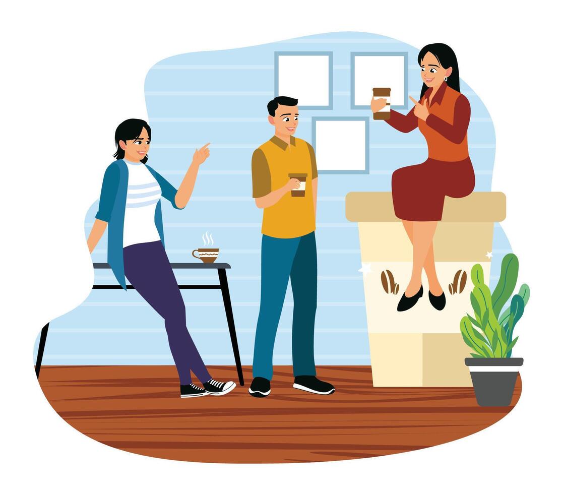 Office staff relax, chat and drink coffee together in the office. vector