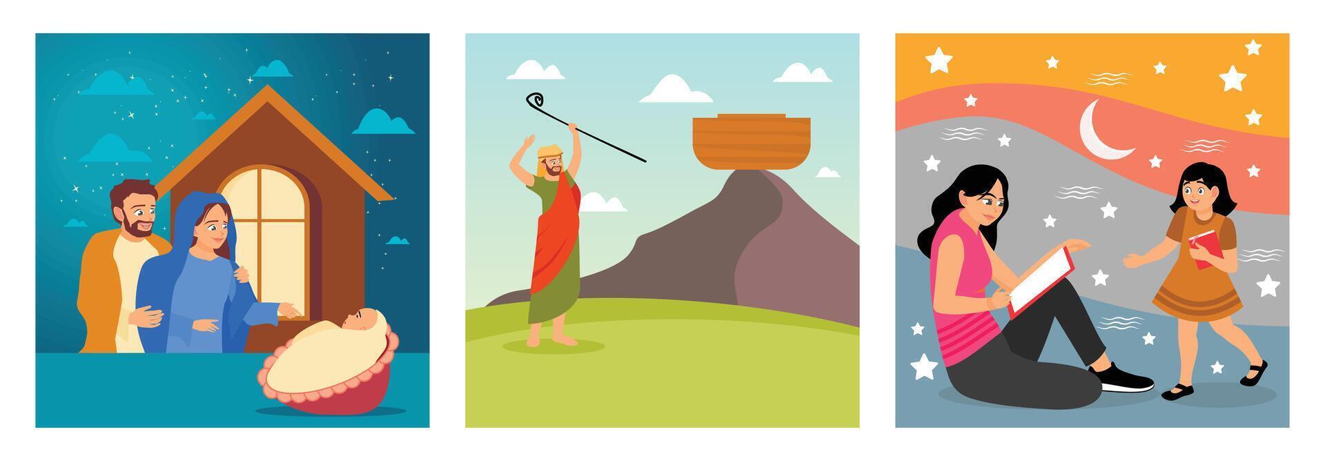 Holy Family with a Newborn Child. Noah and the Ark on a Mountain. Reading Together. vector