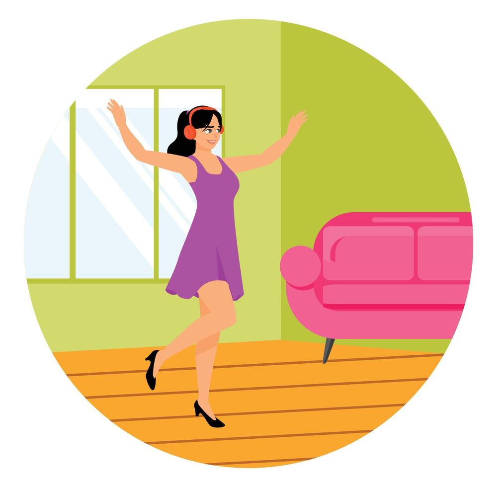 Happy Girl Wearing Headphones Having Fun Dancing Enjoying Weekend at Home. vector