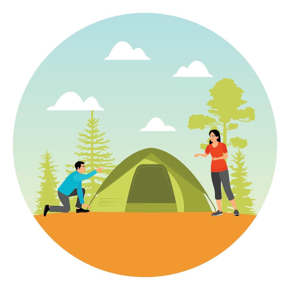 Two People Setting Up a Tent in a Forested Campsite. vector