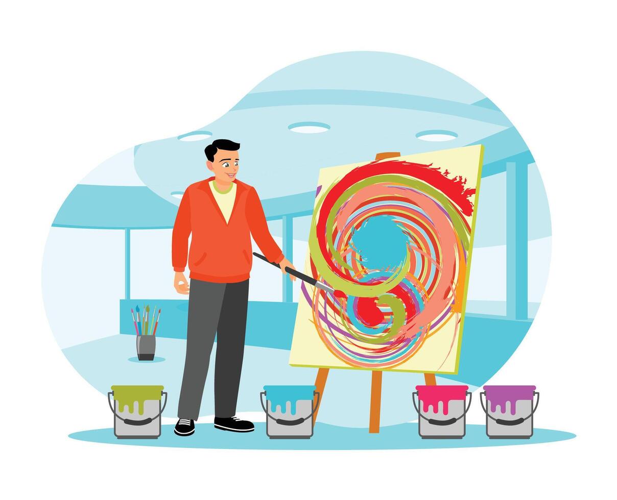 Male Artist Paints Bright Abstract Artwork in Modern Creative Studio. vector