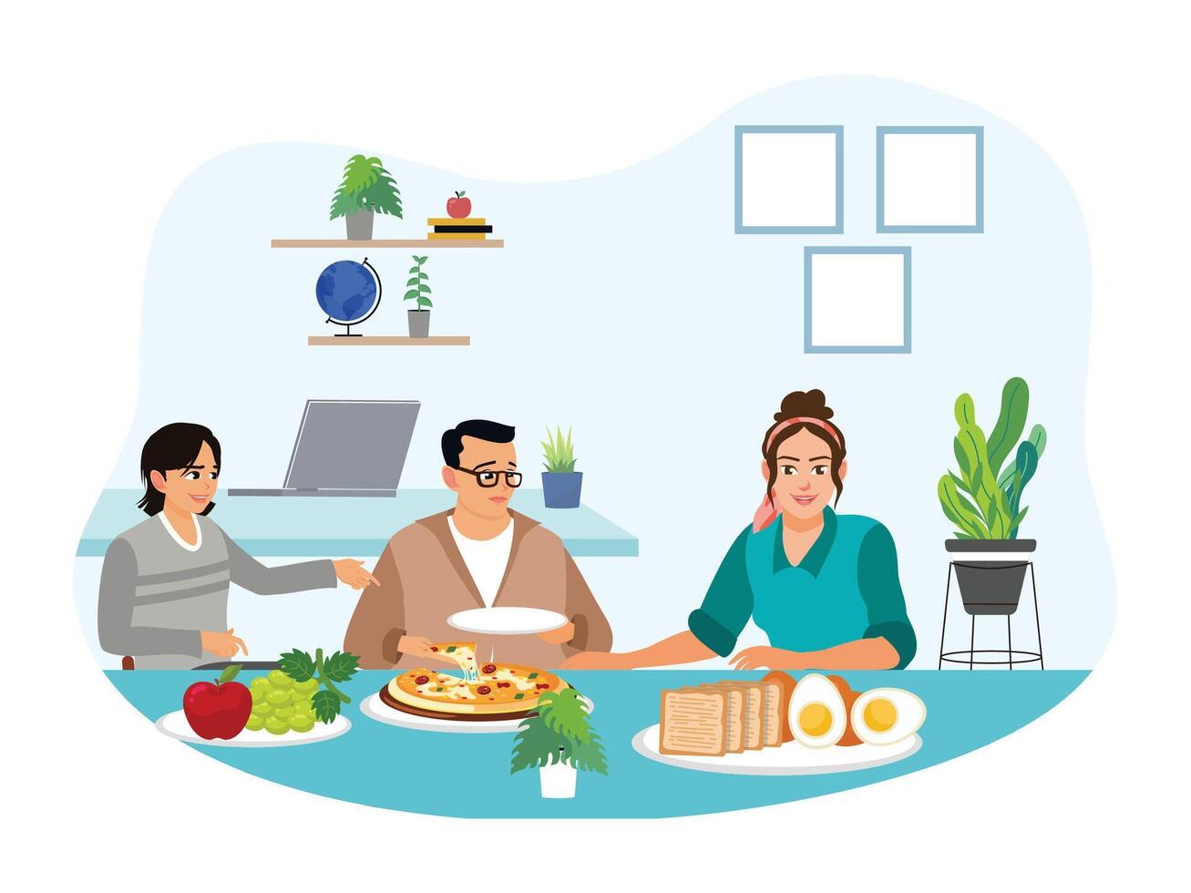 Coworkers having lunch together at the office. vector