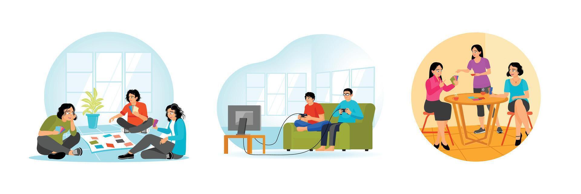 Enjoying Free Time Playing Cards. Playing Games on TV.Playing Cards Together Sitting On The Chair. vector