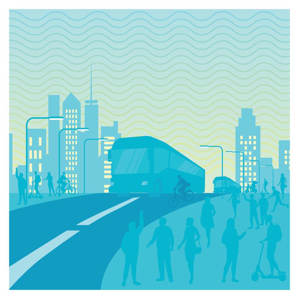 Urban Transit Scene with Modern Public Transport and Pedestrians. vector