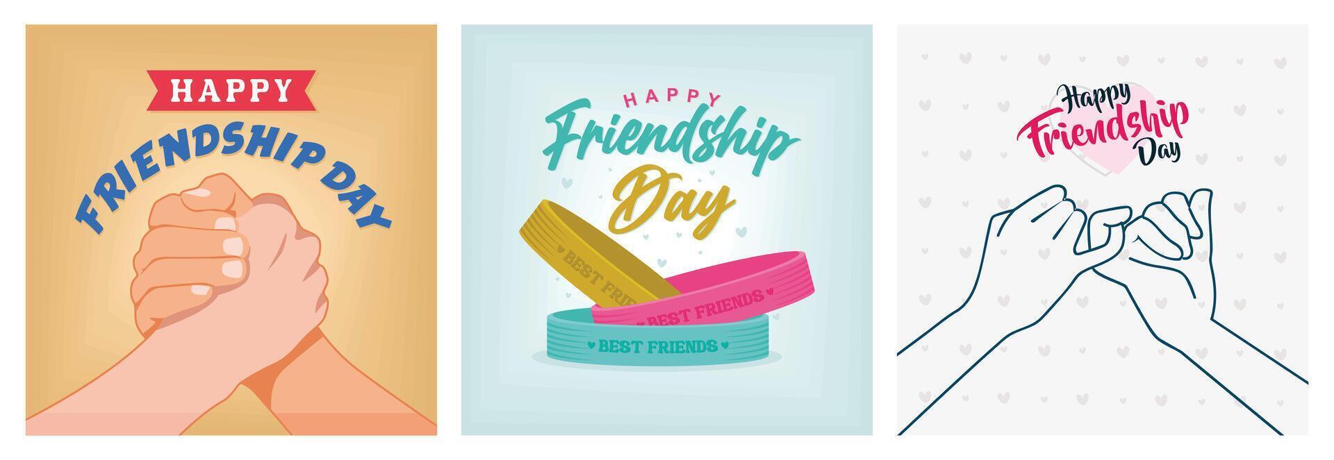 Hands Shaking in Unity and Support. Three Rubber Bracelets for Best Friends. Friends Pinky Promise. vector