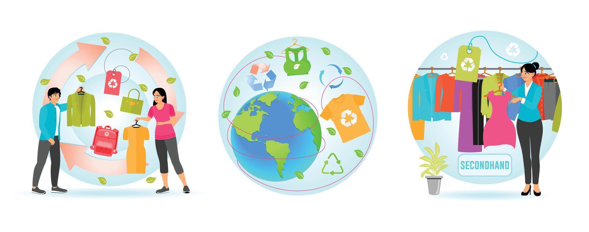 Promoting Sustainable Clothing. Globally Oriented Eco-Friendly. Shopping Secondhand Clothes. vector
