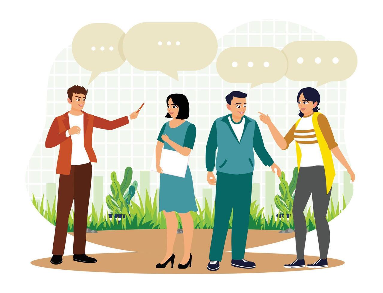 Group of people engaged in conversational interaction in an outdoor. vector