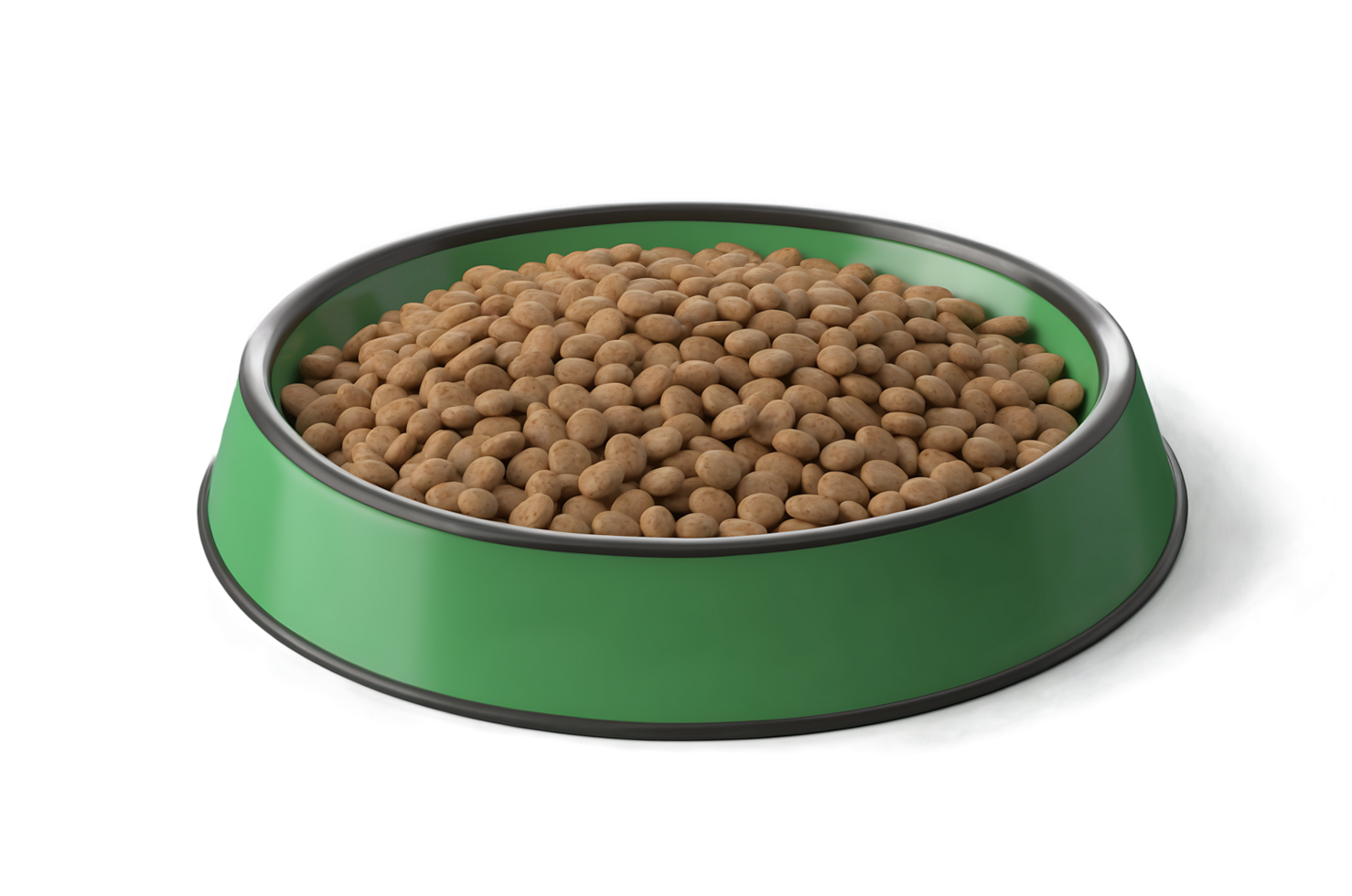 A close up view of a green pet bowl filled to the brim with dry dog food png