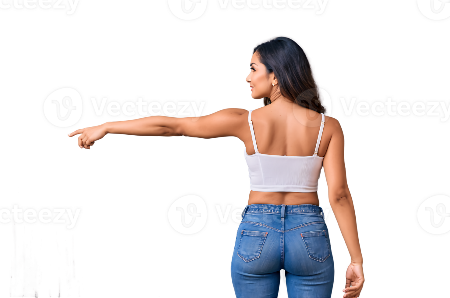 Woman in jeans and crop top points away png
